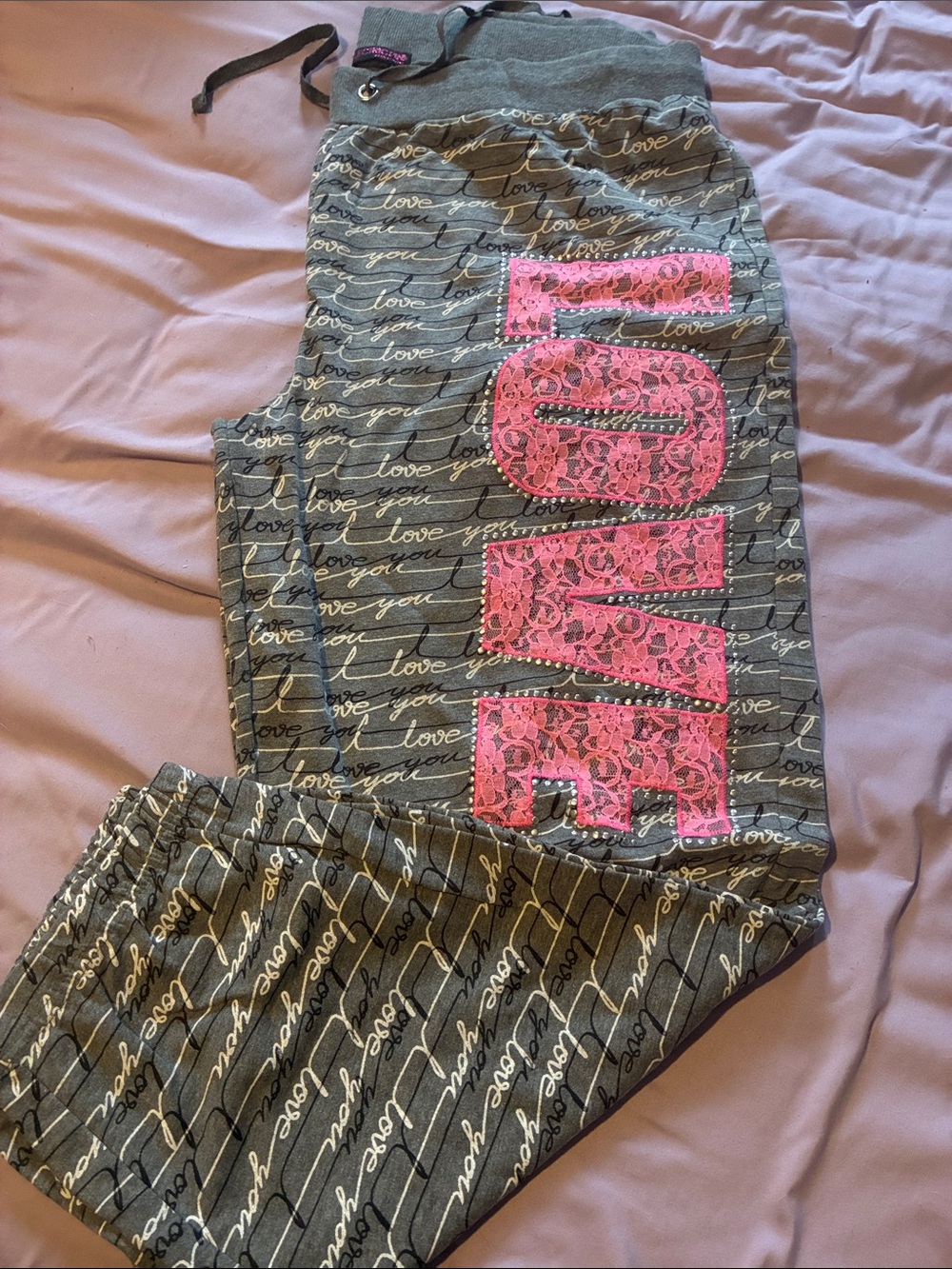 Electric Family Gray Pants with Pink 'LOVE' Applique